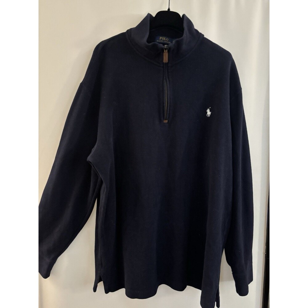 Polo Ralph Lauren Sweater Mens Navy Blue Half Zip Mock Neck Cotton Pullover SZ L